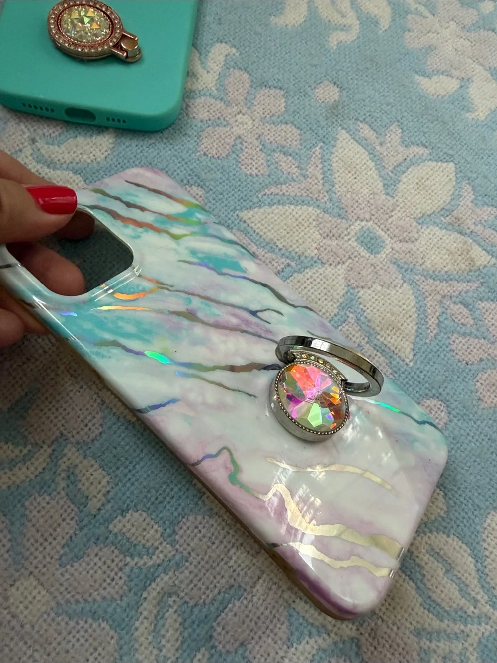 Set of 2 Turquoise / Iridescent Marble Phone Case Duo with Jeweled Ring Grips